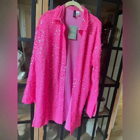 H&M pink sequins shirt mini dress button down Barbiecore long sleeve eras tour - Picture 2 of 8